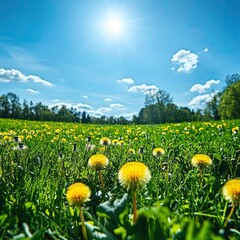 Golden dandelions dancing in the breeze under a radiant summer sun painting a vibrant meadow scene with a clear blue sky