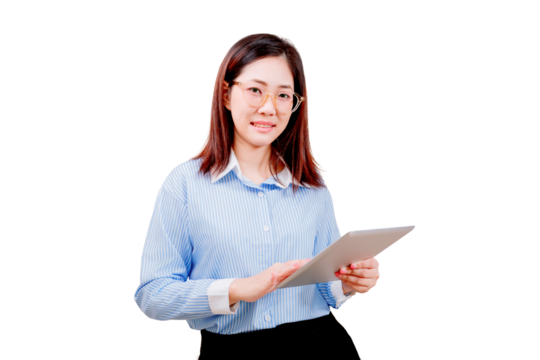 Asian young beautiful woman in glasses and a striped shirt is holding a tablet and smiling.