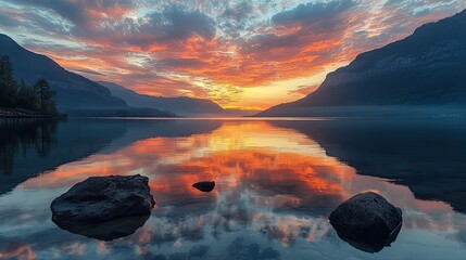 Breathtaking sunrise paints the tranquil lake with fiery hues reflecting off still waters embraced by majestic mountains