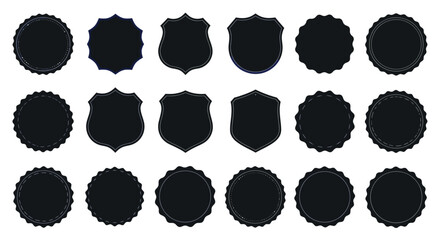 Collection of black shield and round badge silhouettes