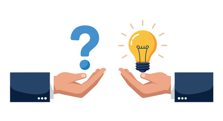 Business concept: hands holding question mark and light bulb symbolizing ideas and solutions