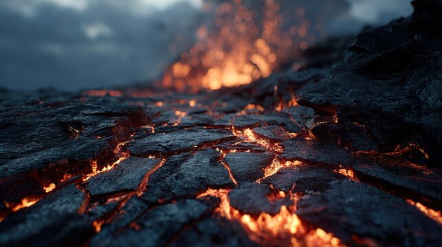 Battlefield Ground Cracks Open Glowing Lava Fantasy Landscape Dramatic Scene War Zone Destruction Fiery Abyss Earth Shattering Event Apocalypse Illustration
