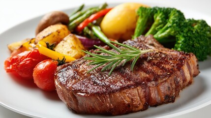 Sizzling Roasted Steak Served With Vibrant Vegetables on a White Plate Generative AI