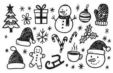Hand drawn Christmas illustrations with traditional decorations and festive holiday season icons
