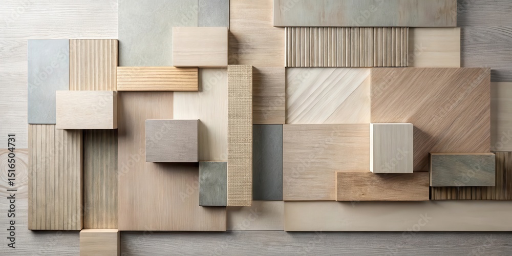 Poster an abstract composition of neutral-toned wooden blocks and panels, featuring varied textures and gra
