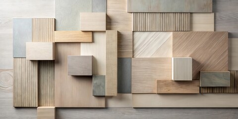 An Abstract Composition of Neutral-Toned Wooden Blocks and Panels, Featuring Varied Textures and Grain Patterns, Arranged in a Geometric Design for a Modern Aesthetic