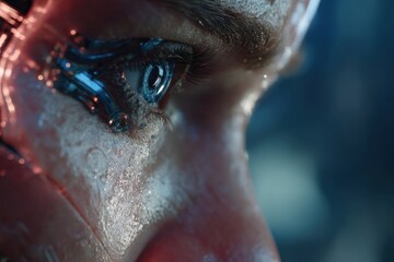 A close-up of a humanoid robot's eye with visible cybernetic implants, showing advanced technology and intricate detail, highlighting the blend of organic and artificial elements.