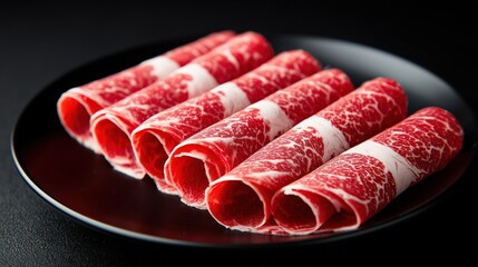 Rolled Thin Beef Slices on a Black Plate Ready for Cooking Generative AI