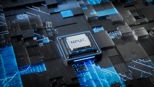 An aesthetic and functional visualization of an NPU chip placed in an integrated circuit promotional image, suitable for NPU chip promotion, artificial intelligence scenario promotion.