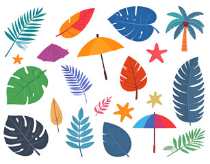 Colorful Tropical Leaves Starfish and Umbrellas Illustration with Playful Design