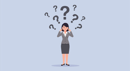 Asian female adult in business attire with confused expression and surrounding question marks