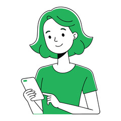 Cartoon Woman in Green Shirt Using Cellphone With Blank Screen Displayed
