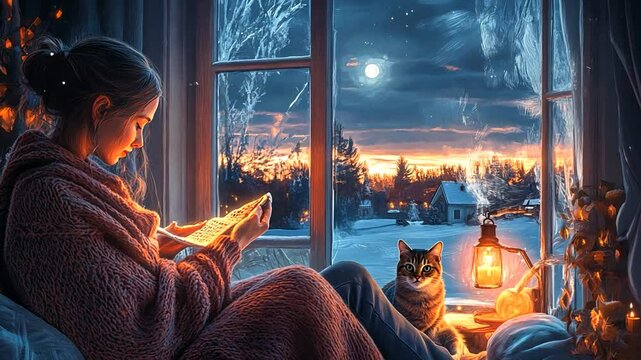 Woman reading by a window, winter scene, cozy ambiance.