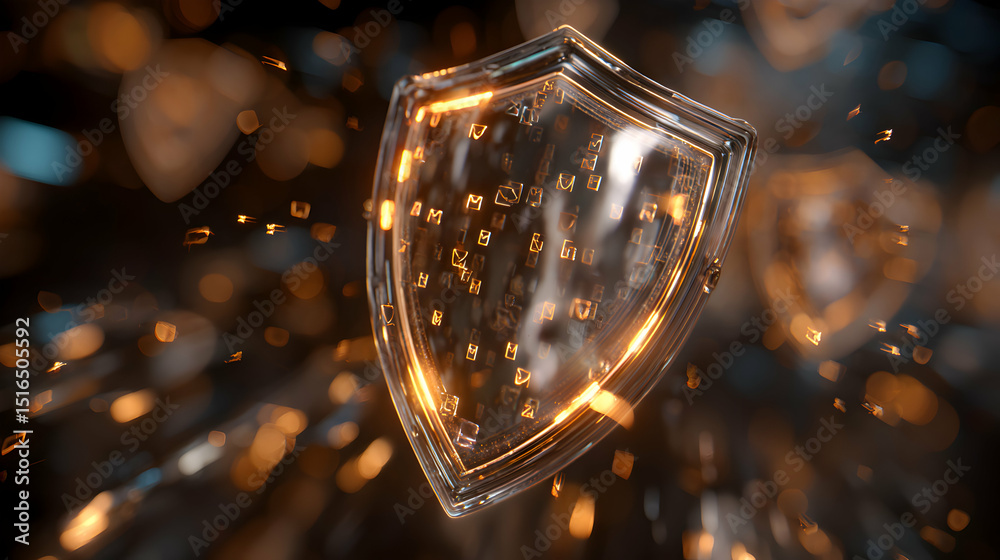 Poster digital security shield with glowing data stream protecting information and network connectivity