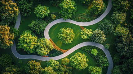 Aerial serenity A peaceful park s winding path invites tranquil reflection and leisurely strolls among lush greenery in