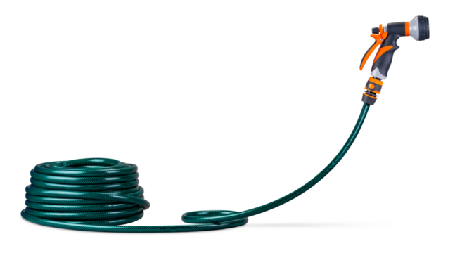 A flexible green garden hose coil elegantly beside a sturdy orange spray shower nozzle isolated owhite background