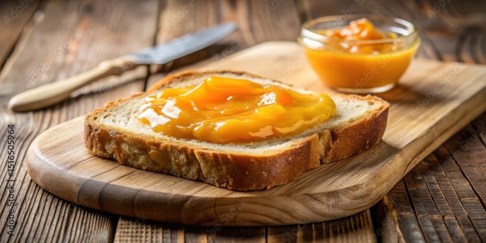 Poster a slice of toasted bread topped with a generous dollop of vibrant, homemade fruit spread sits on a r