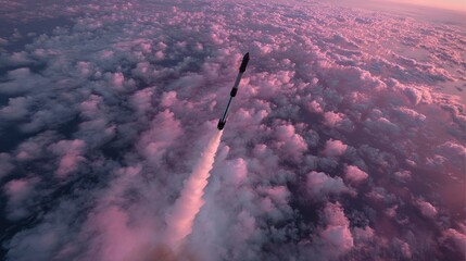 Ascension: Black Rocket Soaring Skyward in Powerful Blast Captured from Above Depicting Technological Advancement and Space Exploration
