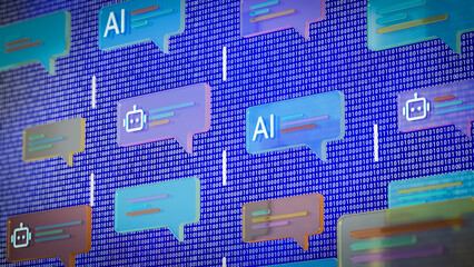Multiple AI chat dialogs printed with AI and bot icons, conceptual abstract digitally generated images