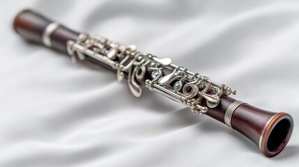 Vintage Oboe Diagonally Resting Smooth White Surface Classical Musical Instrument Woodwind Serenity Artistic Composition Antique Oboe Still Life Elegant Aged Instrument Studio Display
