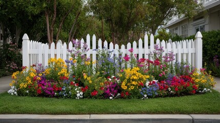 Charming White Picket Fence Vibrant Flower Bed Garden Scene Colorful Blooms Fresh Spring Flowers Suburban Home Decor Cheerful Floral Display Whimsical Garden Design
