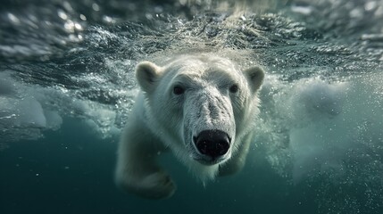 Polar Bear Swimming Underwater Arctic Wildlife Glacier Fragment Marine Mammal Conservation Vulnerable Species Ocean Life Natural Habitat Cold Environment Climate Change Awareness
