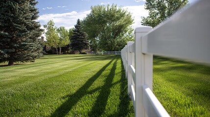 White Fence Serene Lawn Play Area Enclosed Yard Safe Outdoor Space Suburban Living Boundary Marker Home Exterior Green Grass Family Time Fenced Garden

