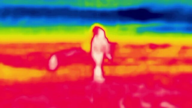 Mountain tourism. Hikers on the route. Image from thermal imager device.