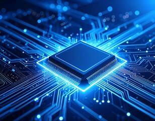 CPU on circuit board, glowing blue