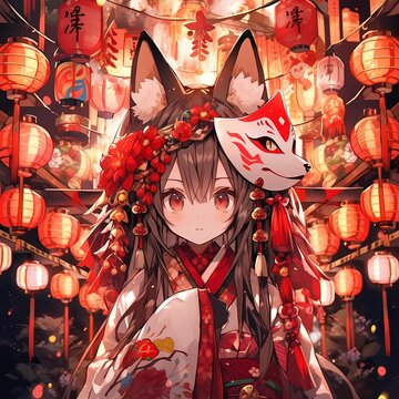 Young girl in miko outfit, fox mask, Japanese lantern market, enchanting glow, traditional art.