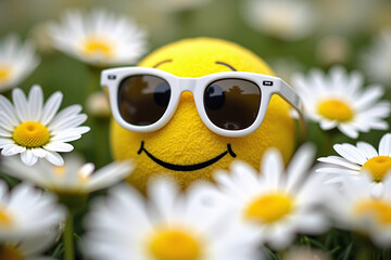smiling yellow face with sunglasses surrounded by daisy flowers