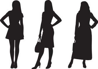 Three female silhouettes posing in different dresses and styles