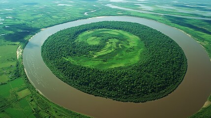 A mesmerizing aerial view of a lush green island formed by a meandering river teeming with life a beautiful natural