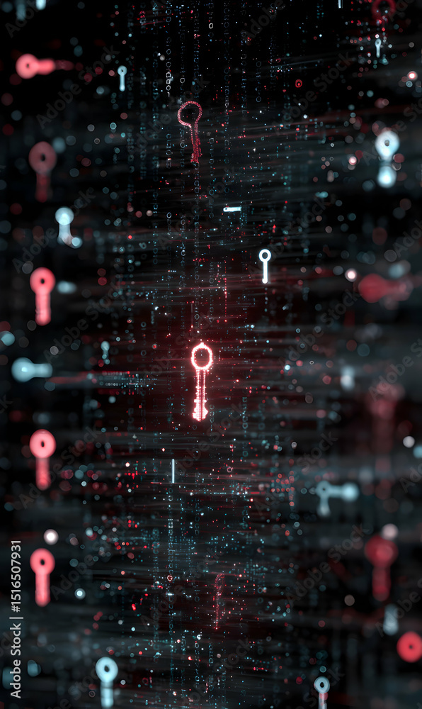 Poster digital keys cascading in a virtual space symbolize security access unlock technology in interconnec