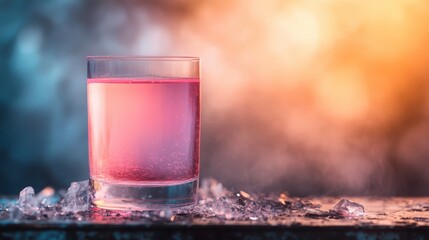 A refreshing colorful drink in a glass surrounded by crushed ice, featuring vibrant hues against a blurred backdrop that evokes feelings of relaxation and indulgence.