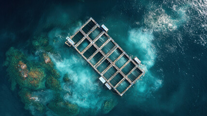 An aerial view of an aquaculture farm, showcasing a structure within the clear, turquoise water.