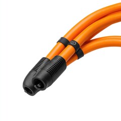 Close-up of vibrant orange electrical cables with black connectors and insulation.  Features a textured black connector housing and securing bands