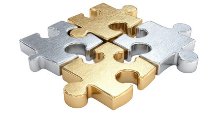 Fototapeta premium Four puzzle pieces, two gold and two silver, are joining together on a transparent background, representing concepts like collaboration, teamwork, and problem solving