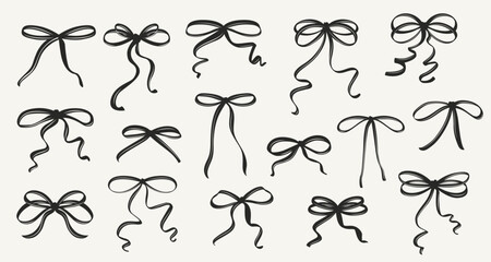 Vintage Coquette Bows in Hand-Drawn Whimsical Style Ribbon Set, Cute Flirtatious Bows Clipart Collection