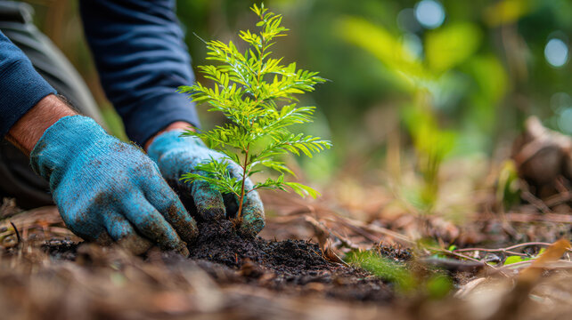 Hands carefully planting a young tree in fertile soil, embodying the act of environmental stewardship. 