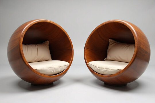 wooden half-sphere chairs with beige cushions on light background