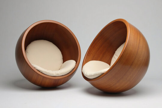 wooden half-sphere chairs with beige cushions on light background