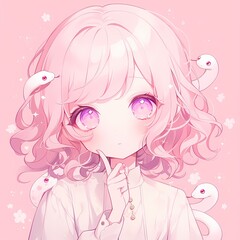 A whimsical character with long, wavy pink hair adorned with a white snake, has expressive purple eyes and a contemplative expression, set against a soft pink background with a floral pattern.