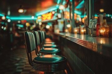 Nostalgic diner scene featuring a row of empty bar stools under the neon lights, reflecting the classic American diner ambiance with vintage charm and vibrant colors.