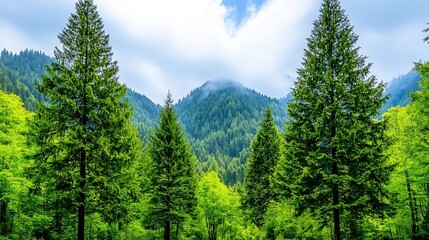 Obraz premium Lush green forest landscape with tall evergreen trees in the foreground and a misty mountain range in the background under a partly cloudy sky. The image evokes a sense of serenity and tranquility.