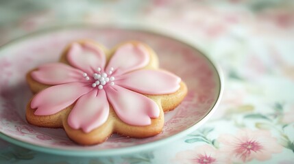 A beautifully decorated flower-shaped cookie on a delicate plate.