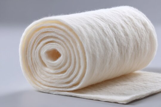 A close-up studio shot of a roll of white cotton batting, fluffy and soft, ideal for quilting, crafts, and various textile applications, presented on a neutral surface.