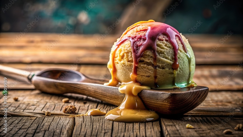 Poster a delectable scoop of multi-flavored ice cream, generously drizzled with luscious sauces, rests eleg
