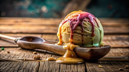 A delectable scoop of multi-flavored ice cream, generously drizzled with luscious sauces, rests elegantly on a rustic wooden spoon, creating a visually appealing and tempting dessert presentation.