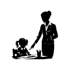 Silhouette Vector Illustration of Teacher Assisting Student at Desk